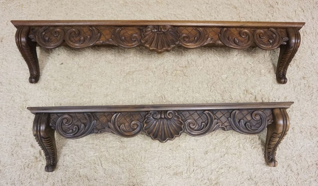 2 FRUITWOOD SHELL CARVED HANGING WALL SHELVES (1 of 4)
