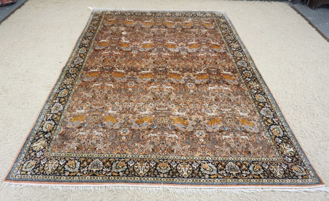 PERSIAN FINE WOVEN SILK RUG: PERSIAN FINE WOVEN SILK RUG W/IMAGES OF ANIMALS, APPROXIMATELY 10 FT X 7 FT