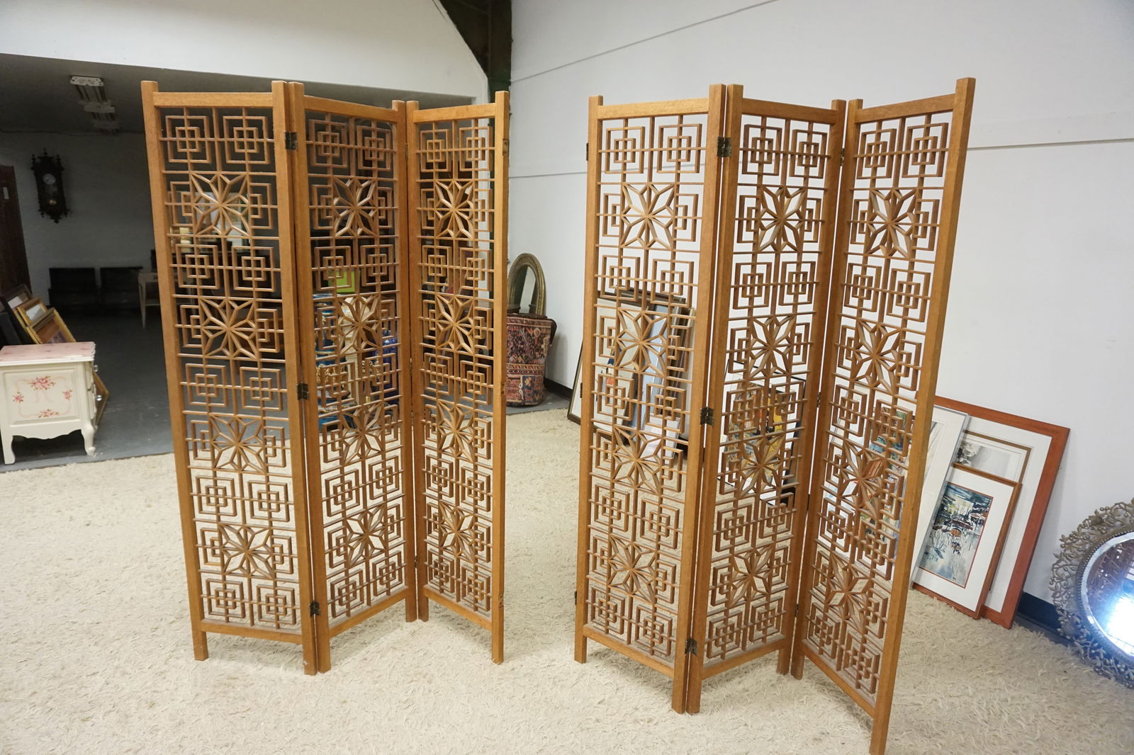 2 OPEN FRETWORK 3 PART FOLDING SCREENS (1 of 4)