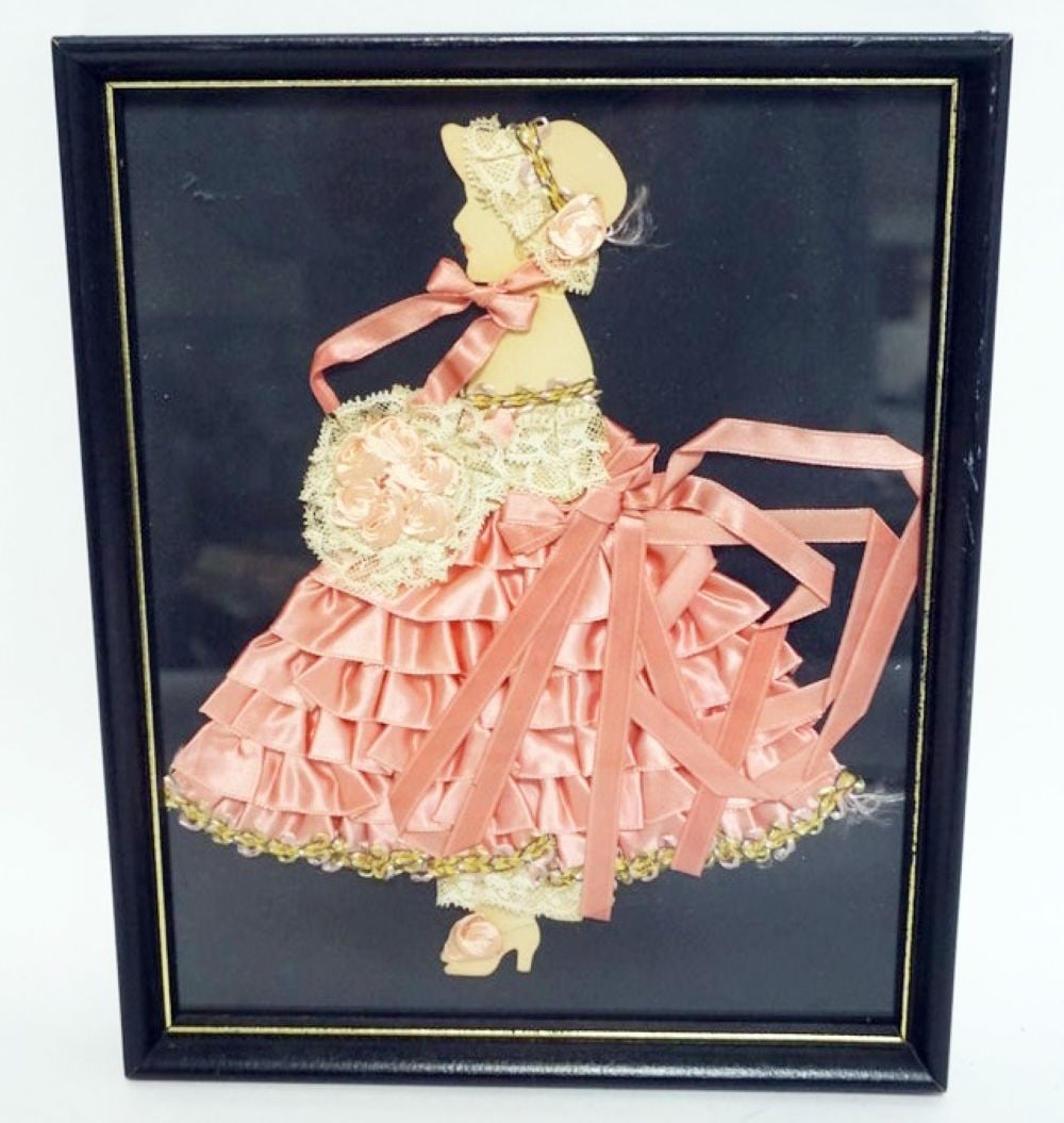 RIBBON ART DOLL: RIBBON ART FRAMED DOLL, APPROXIMATELY 9 IN X 11 IN OVERALL