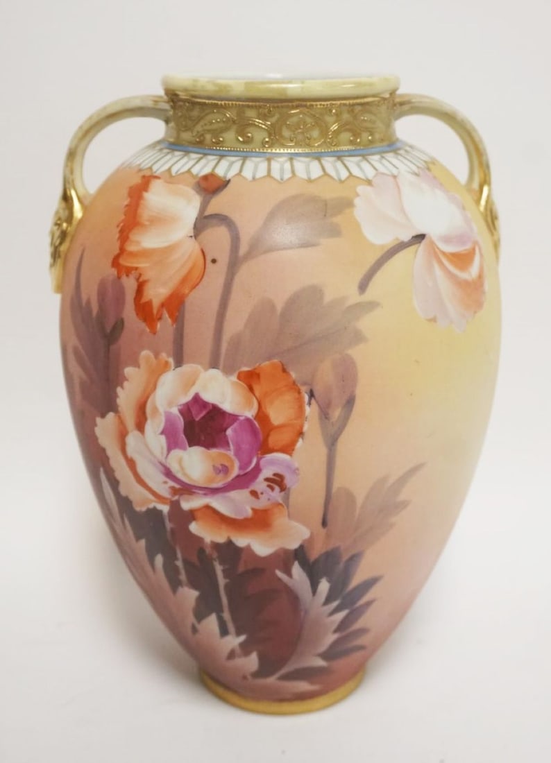 HAND PAINTED NIPPON PORCELAIN VASE: HAND PAINTED NIPPON PORCELAIN VASE, FLORAL PAINTING & GILT TRIM, APPROXIMATELY 10 1/2 IN HIGH