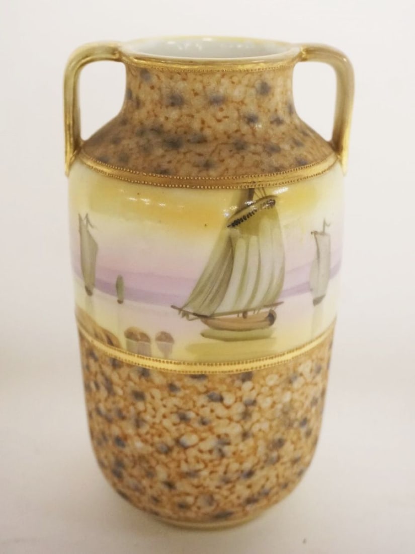 HAND PAINTED NIPPON PORCELAIN VASE: HAND PAINTED NIPPON PORCELAIN VASE, SAILING SHIPS W/RAISED GILT TRIM, APPROXIMATELY 8 IN HIGH