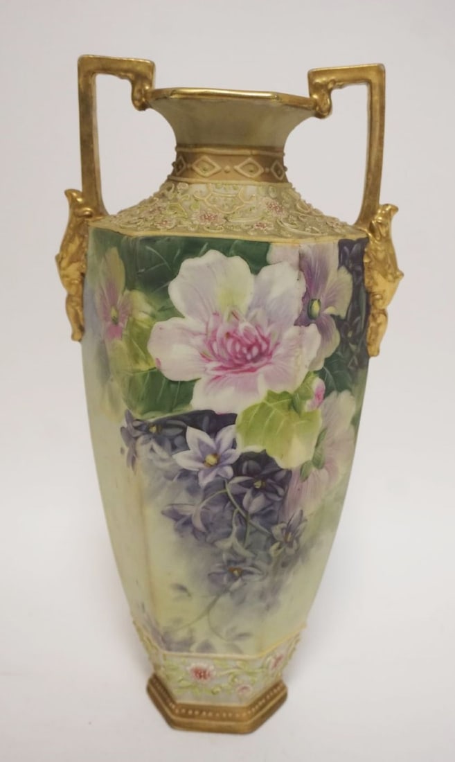 HAND PAINTED NIPPON MORIAGE PORCELAIN VASE: HAND PAINTED NIPPON MORIAGE PORCELAIN VASE W/FLOWERS & GILT TRIM, APPROXIMATELY 11 IN