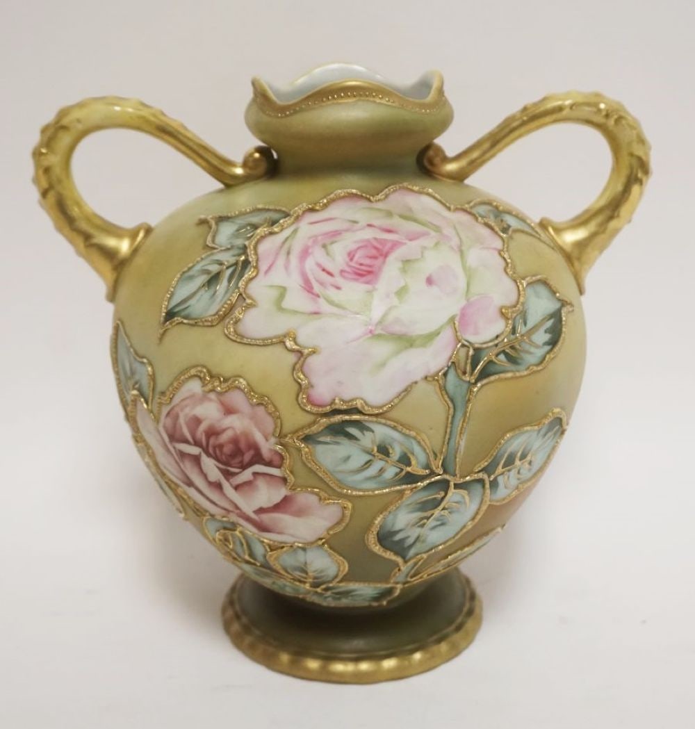 HAND PAINTED NIPPON PORCELAIN VASE: HAND PAINTED NIPPON PORCELAIN VASE, DOUBLE HANDELED W/FLOWERS & RAISED GILT TRIM, APPROXIMATELY 7 1/4 IN HIGH