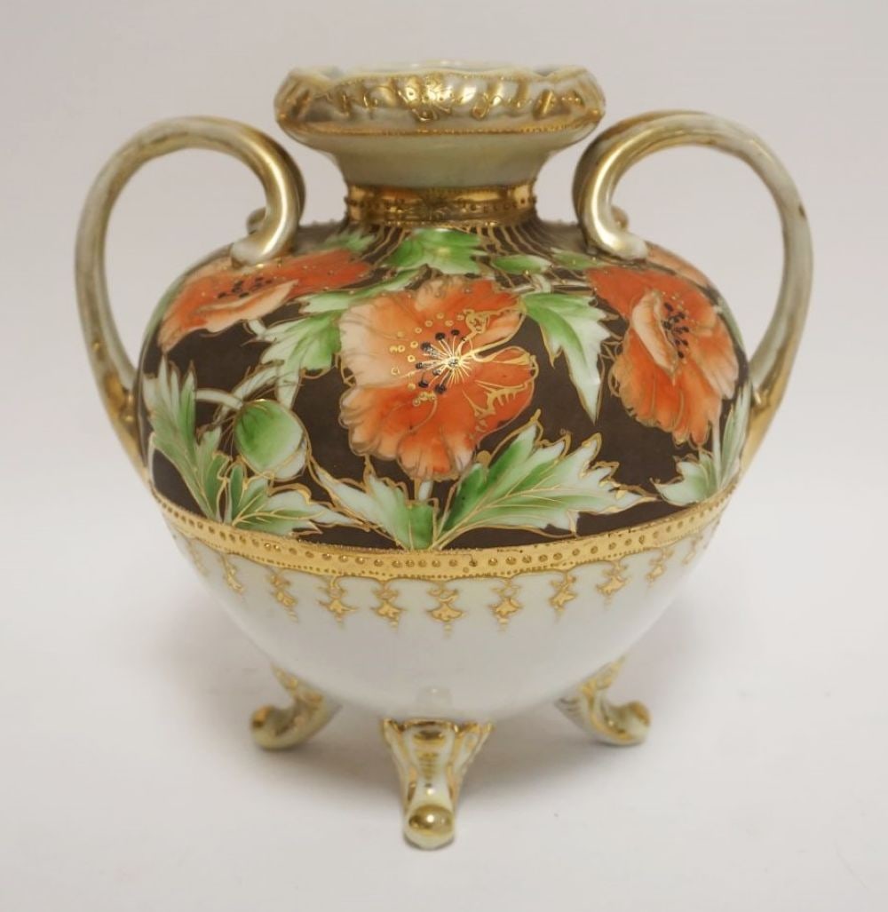 HAND PAINTED NIPPON PORCELAIN VASE: HAND PAINTED NIPPON PORCELAIN VASE, DOUBLE HANDELED W/FLOWERS & RAISED GILT TRIM, APPROXIMATELY 8 IN HIGH