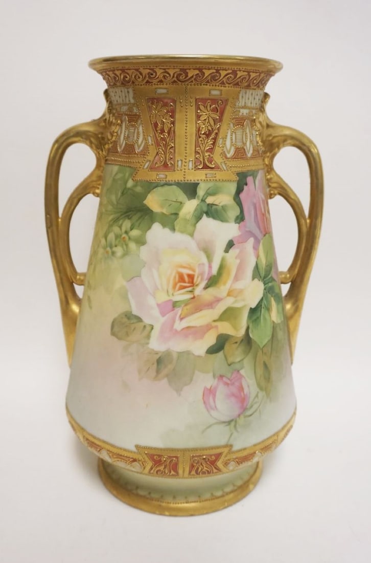 HAND PAINTED NIPPON PORCELAIN VASE: HAND PAINTED NIPPON PORCELAIN VASE, LARGE DOUBLE HANDLED W/FLOWERS, APPROXIMATELY 12 1/2 IN HIGH