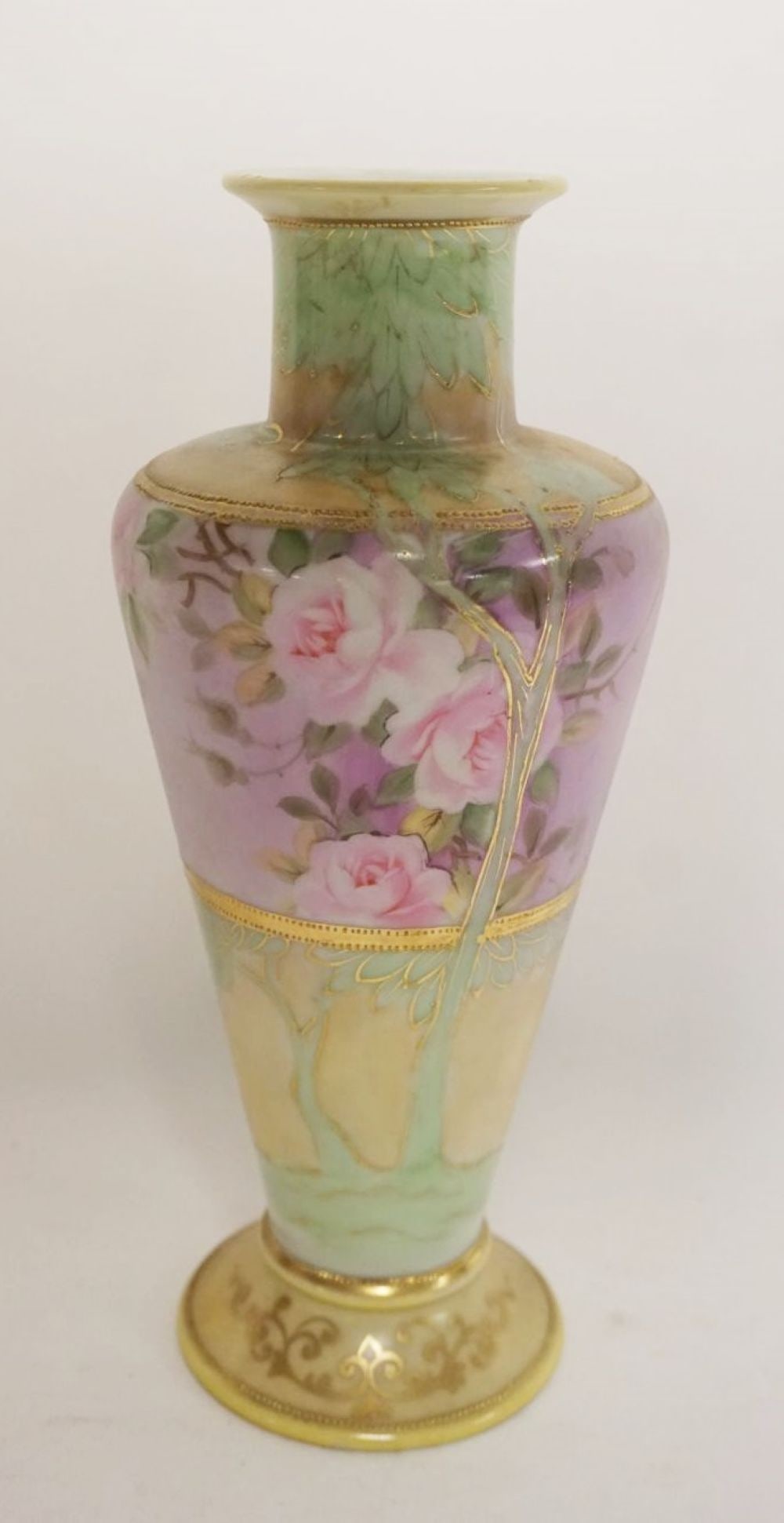 HAND PAINTED NIPPON PORCELAIN VASE: HAND PAINTED NIPPON PORCELAIN VASE W/FLOWERS & GILT TRIM, APPROXIMATELY 9 1/2 IN HIGH