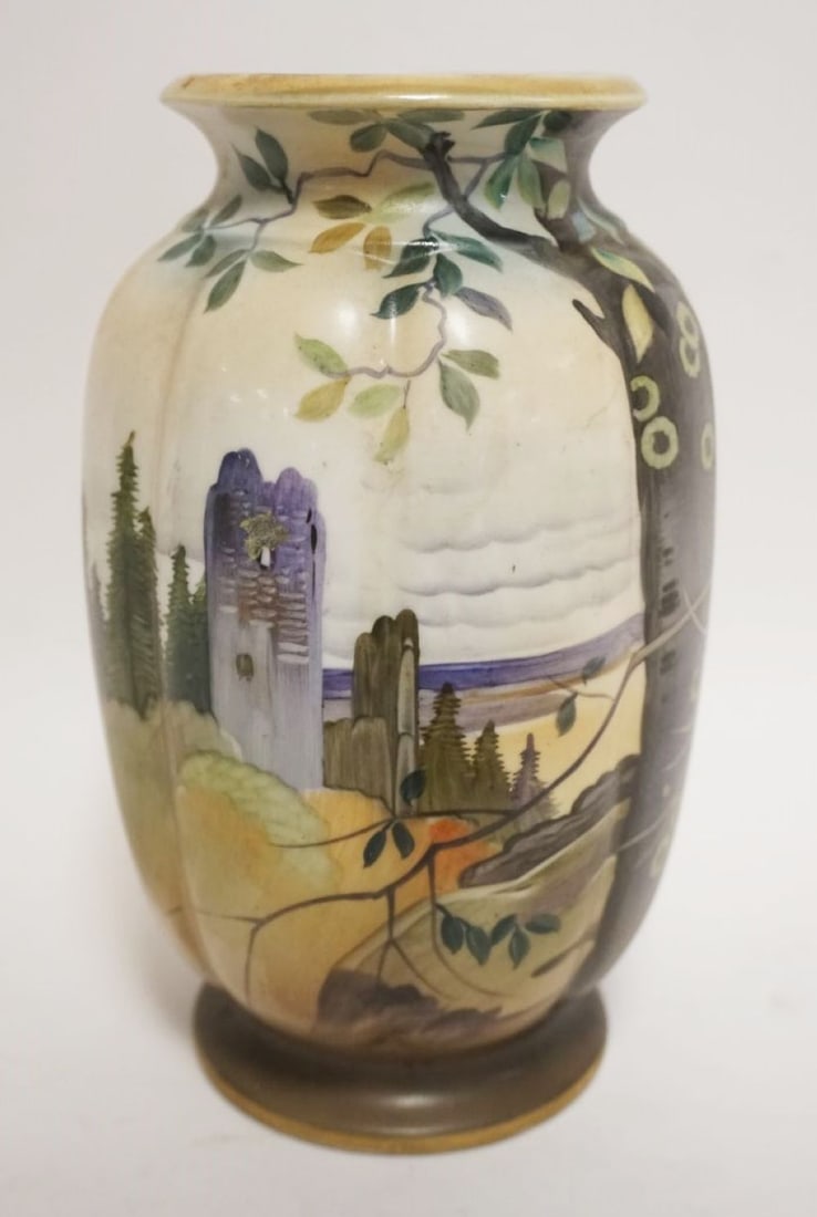 HAND PAINTED NIPPON PORCELAIN VASE: HAND PAINTED NIPPON PORCELAIN VASE, RIBBED W/SCENES OF A CASTLE, APPROXIMATELY 7 1/2 IN HIGH