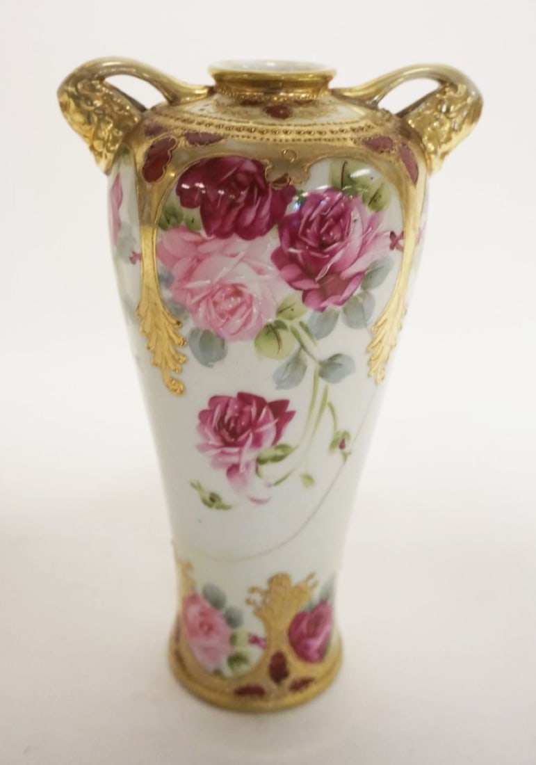 HAND PAINTED NIPPON PORCELAIN VASE: HAND PAINTED NIPPON PORCELAIN VASE W/FLOWERS & GILT TRIM, APPROXIMATELY 9 IN