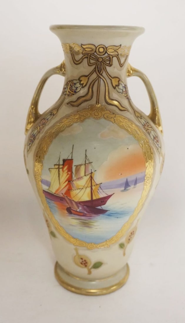 HAND PAINTED NIPPON PORCELAIN VASE: HAND PAINTED NIPPON PORCELAIN VASE W/IMAGES OF SAILING SHIPS, APPROXIMATELY 11 IN HIGH