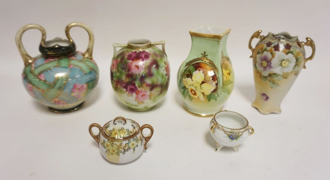 HAND PAINTED NIPPON PORCELAIN ASSORTMENT: HAND PAINTED NIPPON PORCELAIN ASSORTMENT INCLUDING VASES, TALLEST APPROXIMATELY 6 IN
