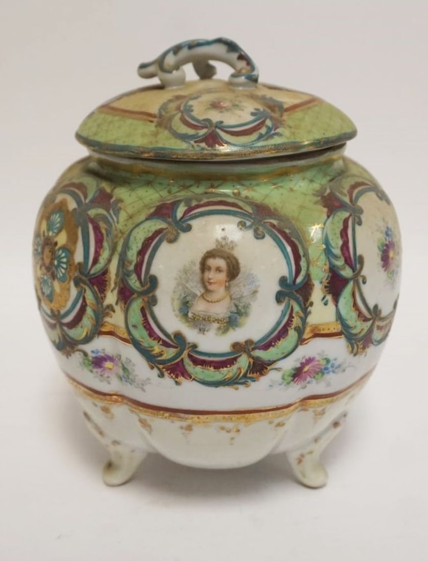 HAND PAINTED NIPPON PORCELAIN TOBACCO JAR: HAND PAINTED NIPPON PORCELAIN TOBACCO JAR, FOOTED, APPROXIMATELY 8 IN HIGH