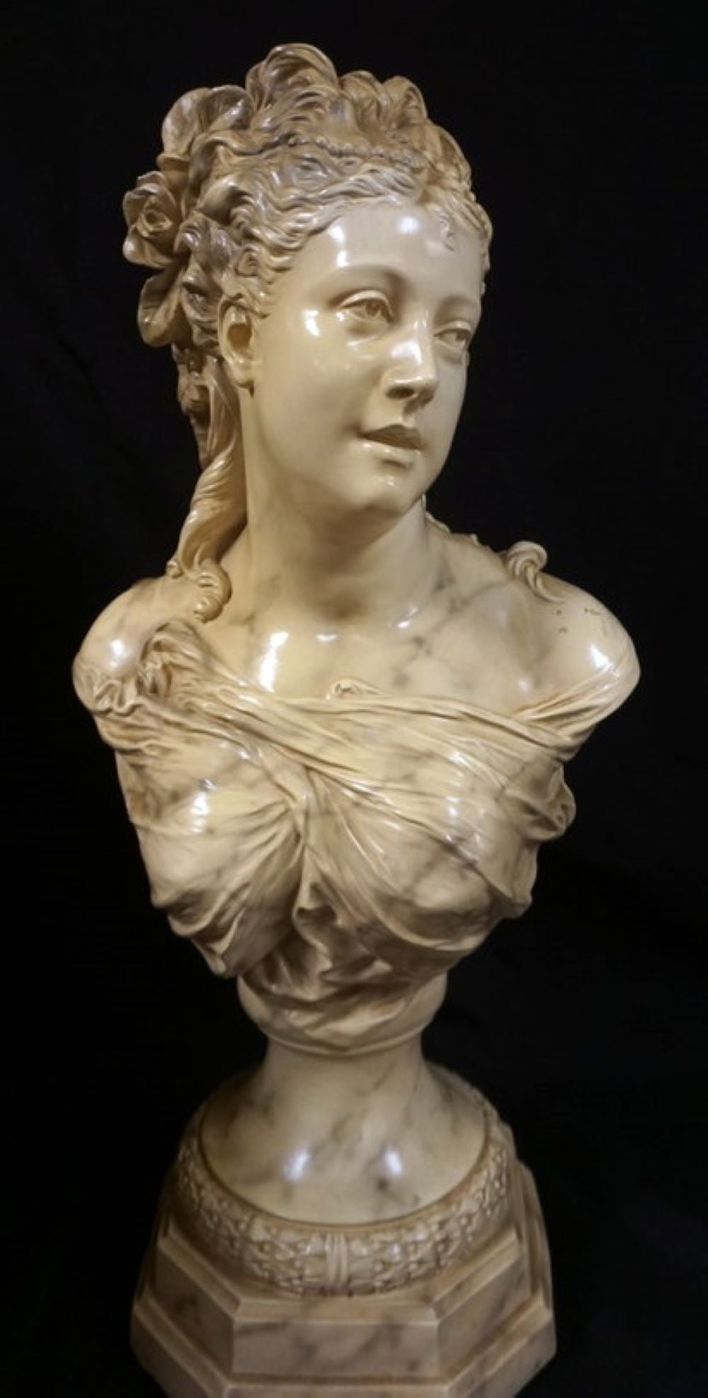 PLASTER BUST OF VICTORIAN WOMAN, CLASSIC STATUARY: LARGE PLASTER BUST OF A VICTORIAN WOMAN BY CLASSIC STATUARY, APPROXIMATELY 26 IN H, SOME LOSS TO TOP