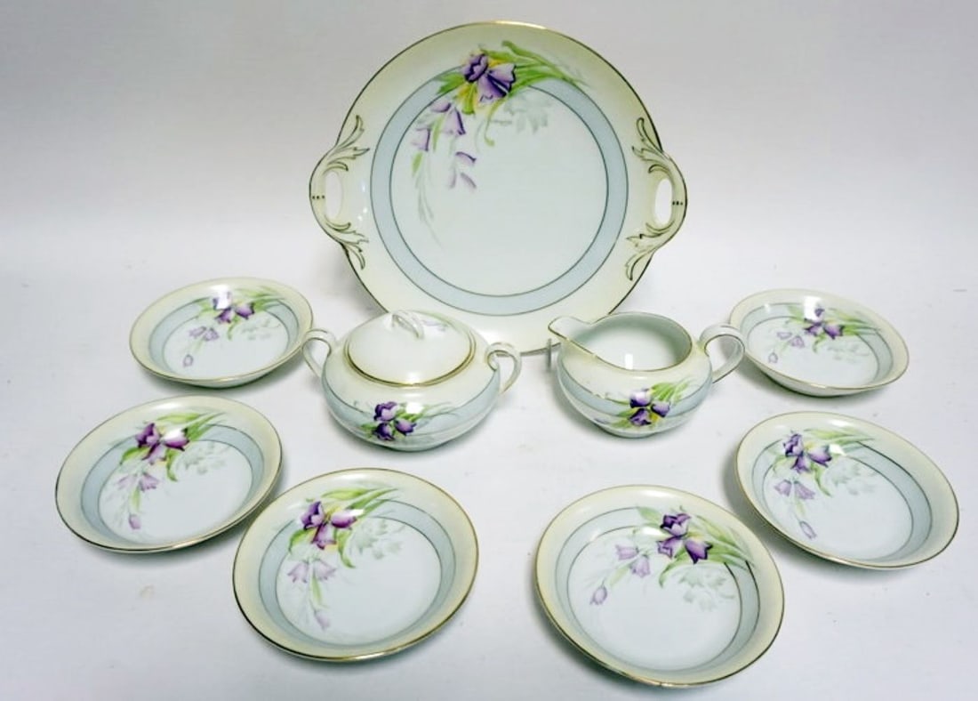 BAVARIAN HAND PAINTED CHINA: BAVARIAN HAND PAINTED CHINA, 10 IN SERVING PLATE, 6 - 5 IN BOWLS, CREAMER & SUGAR