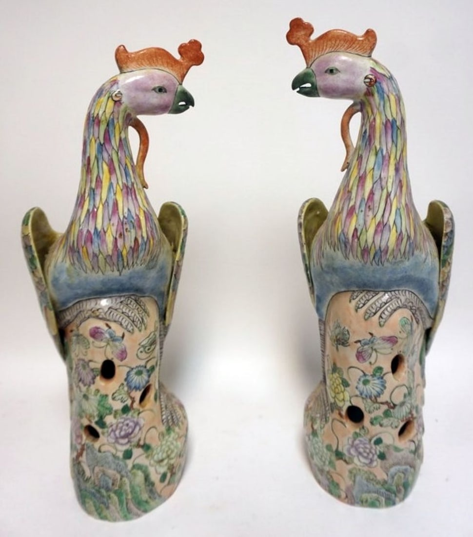 PORCELAIN PHOENIX BIRD STATUES: PAIR OF LARGE PORCELAIN PHOENIX BIRD STATUES, EACH APPROXIMATELY 19 IN H