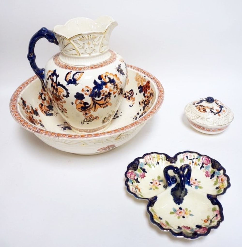 VICTORIAN WATER BOWL AND PITCHER SET: VICTORIAN WATER BOWL AND PITCHER, SOAP DISH AND DIVIDED SERVING TRAY