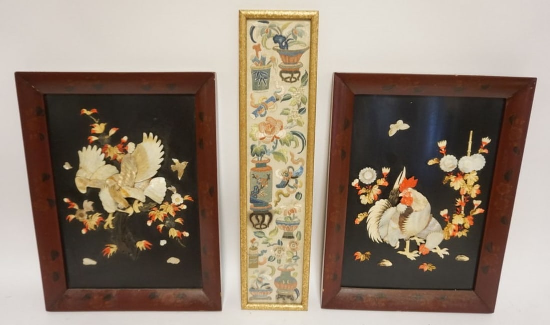 ASIAN FAMED PIECES: ASIAN FRAMED MOTHER OF PEARL 3D ROOSTERS AND FRAMED EMBROIDEREDIMAGE OF VASES AND URNS, TALLEST APPROXIMATELY 18 IN