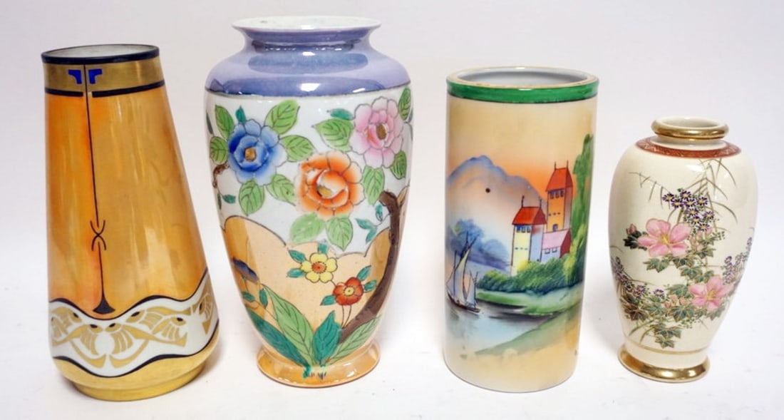 ASSORTED POTTERY AND PORCELAIN: GROUP OF ASSORTED POTTERY & PORCELAIN VASES, LARGEST APPROXIMATELY 9 IN H