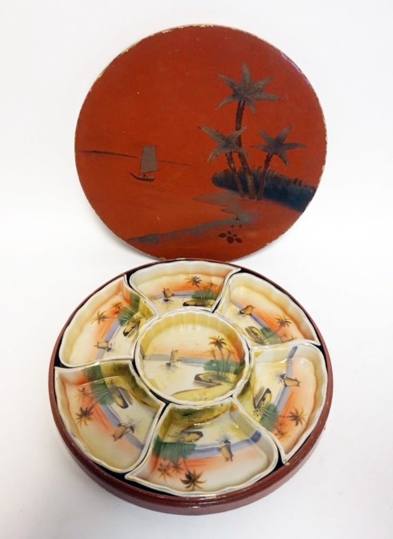 HAND PAINTED NIPPON DIVIDED DISH SET: HAND PAINTED NIPPON DIVIDED DISH SET IN RED LACQUER BOX, APPROXIMATELY 12 1/2 IN