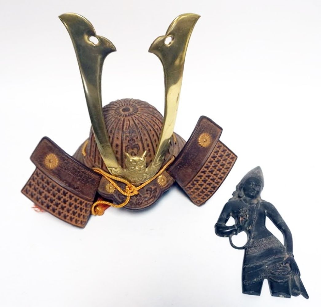 CAST METAL ASIAN HELMENT SAMURI WARRIOR: CAST METAL ASIAN HELMET *SAMURI WARRIR* COPY, APPROXIMATELY 12 IN H AND CAST METAL TIBET FIGURE WALL PLAQUE, APPROXIMATELY 9 IN H