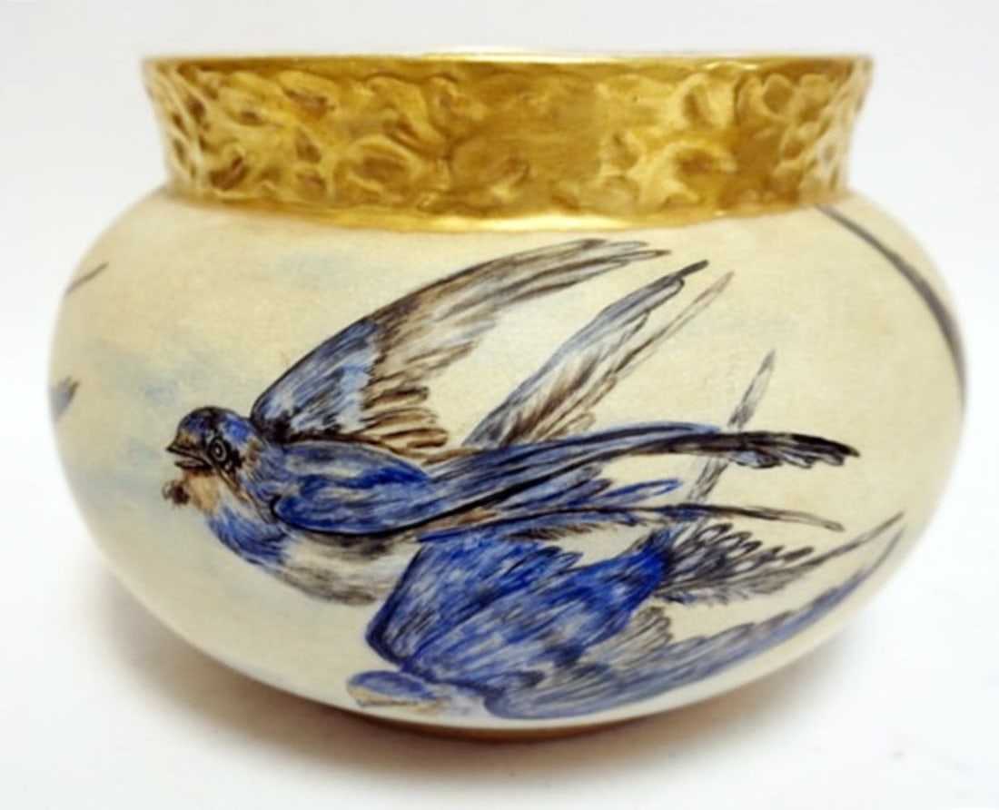PORCELAIN JARDINEER ARTIST SIGNED: PORCELAIN JARDINEER PLANTER WITH HAND PAINTED BLUE BIRDS, ARTIST SIGNED AND DATED ON BASE, APPROXIMATELY 8 IN X 7 IN H