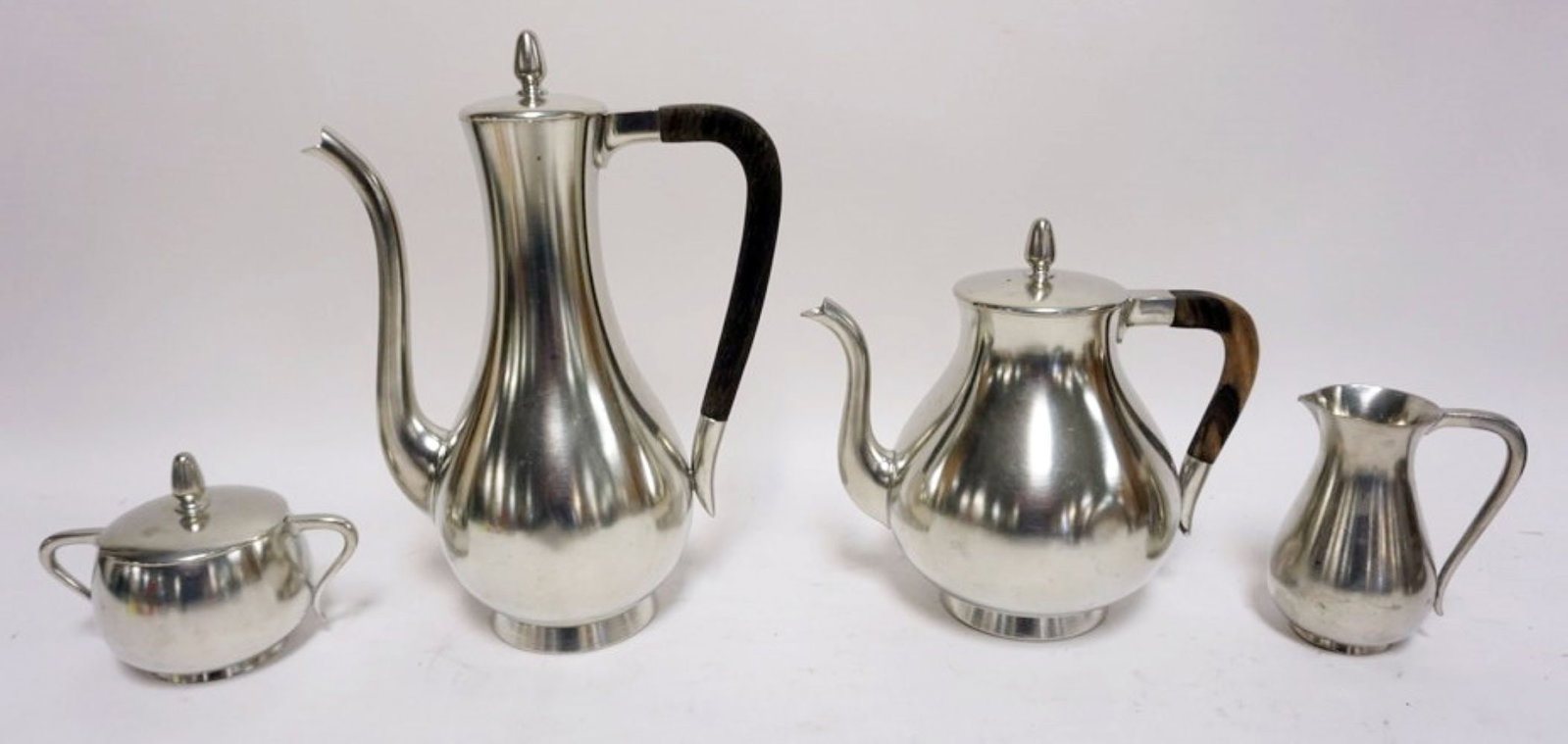 ROYAL HOLLAND PEWTER: ROYAL HOLLAND PEWTER, 4 PIECES INCLUDING TEA POTS, CREAMER & SUGAR, TALLEST APPROXIMATELY 11 IN H