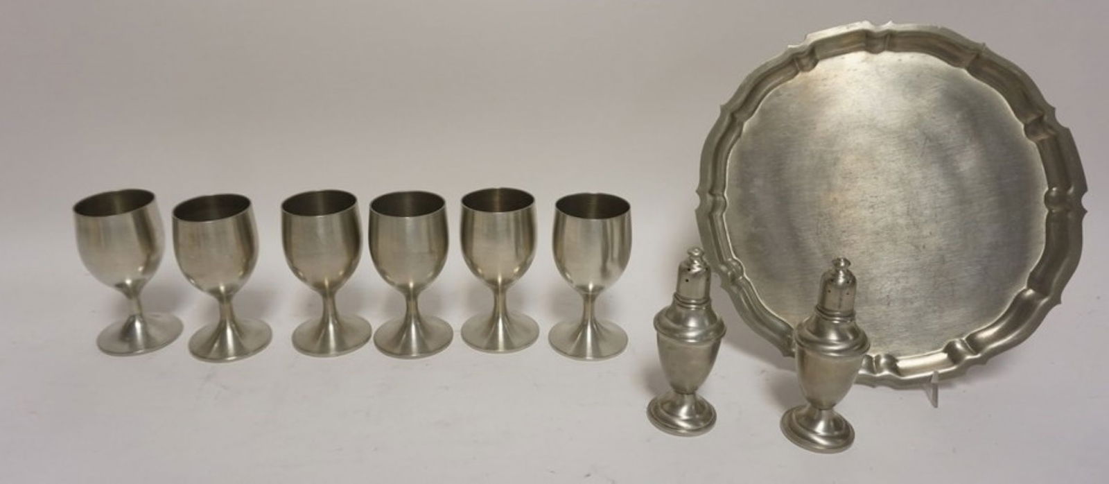 ASSORTED PEWTER ITEMS: GROUP OF ASSORTED PEWTER, 10 IN GORHAM TRAY, INTERNATIONAL SALT & PEPER, 6 - 4 1/2 IN ENGLISH WINES