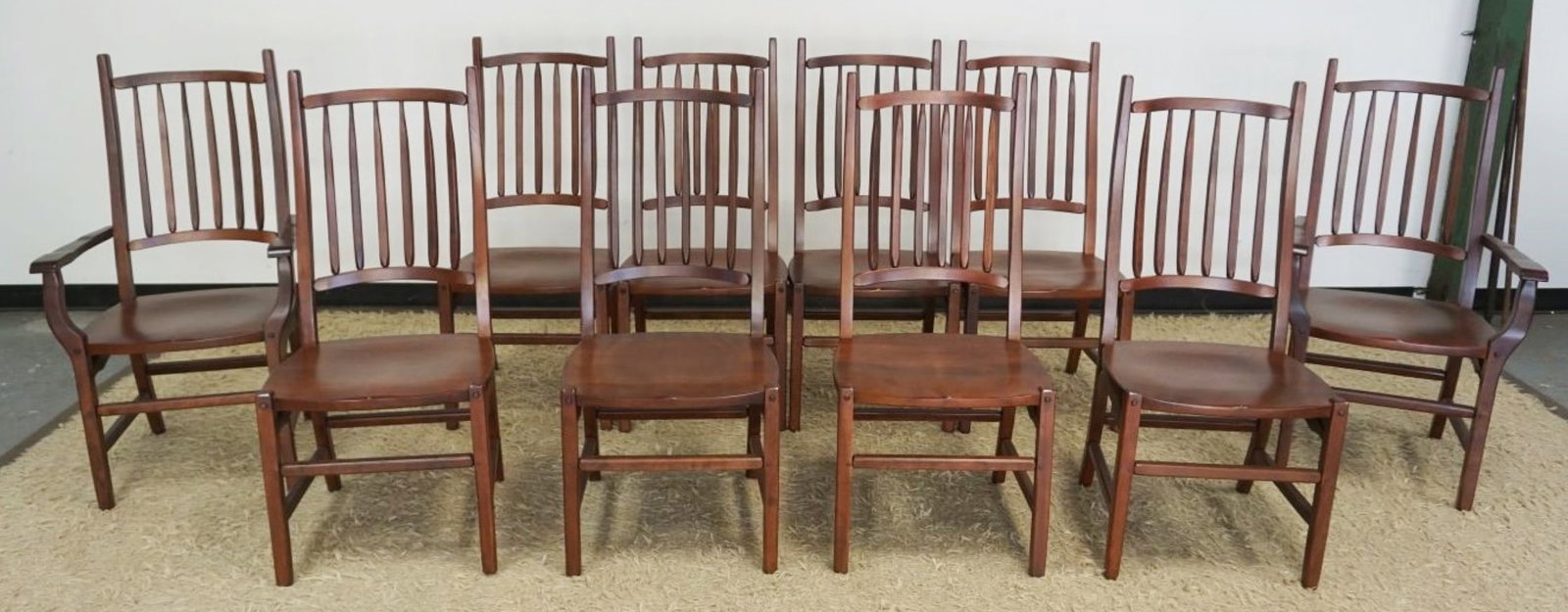 SET OF SOLID BLACK CHERRY DINING CHAIRS BY HUNT: SET OF 10 SOLID BLACK CHERRY DINING CHAIRS MADE BY HUNT, 2 ARM AND 8 SIDE