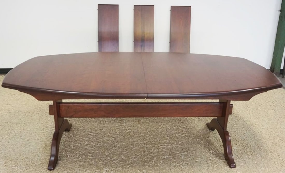 SOLID BLACK CHERRY COUNTRY TABLE: SOLID BLACK CHERRY COUNTRY TABLE WITH 3 LEAVES ON TRESTLE BASE, TABLE APPROXIMATELY 44 IN X 84 IN X 30 IN H, EACH LEAVE 12 IN WIDE