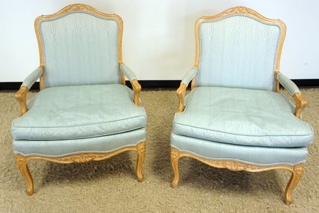 HENREDON FRENCH PROVINCIAL ARM CHAIRS: NICE PAIR OF HENREDON FRENCH PROVINCIAL UHPOLSTERED SEAT & BACK ARM CHAIRS