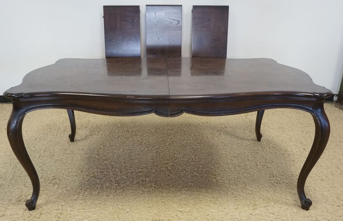 HENREDON VILLANDRY DINING ROOM TABLE: HENREDON VILLANDRY DINING ROOM TABLE WITH 3 LEAVES, TABLE APPROXIMATELY 72 IN X 45 IN X 30 IN H, LEAVES 15 1/2 IN EACH