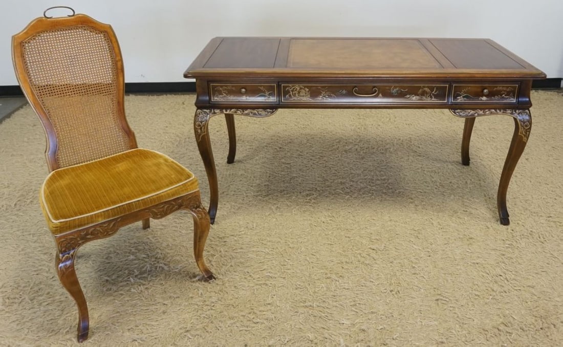DREXEL WRITING TABLE WITH CHAIR: DREXEL 3 DRAWER WRITING TABLE WITH CHAIR, LEATHER TOP CENTER AND PAINT DECORATED ASIAN STYLE DESIGN ALONG SKIRT, APPROXIATELY 60 IN X 27 IN X 31 IN H