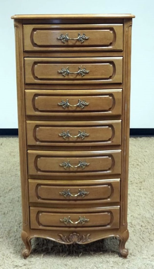 CENTURY FURNITURE FRENCH PROVINCAL LINGERIE CHEST: CENTURY FURNITURE NARROW 7 DRAWER FRENCH PROVINCAL LINGERIE CHEST, APPROXIMATELY 27 IN X 18 IN X 58 IN H