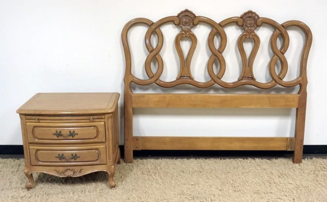 CENTURY FURNITURE CO. FRENCH PROVINCAL QUEEN SIZE BED AND STAND: CENTURY FURNITURE CO. FRENCH PROVINCAL QUEEN SIZE HEADBOARD 51 IN H AND BEDSIDE STAND WITH 2 DRAWERS AND PULL OUT SURFACE, STAND APPROXIMATELY 27 IN X 18 IN X 25 IN H