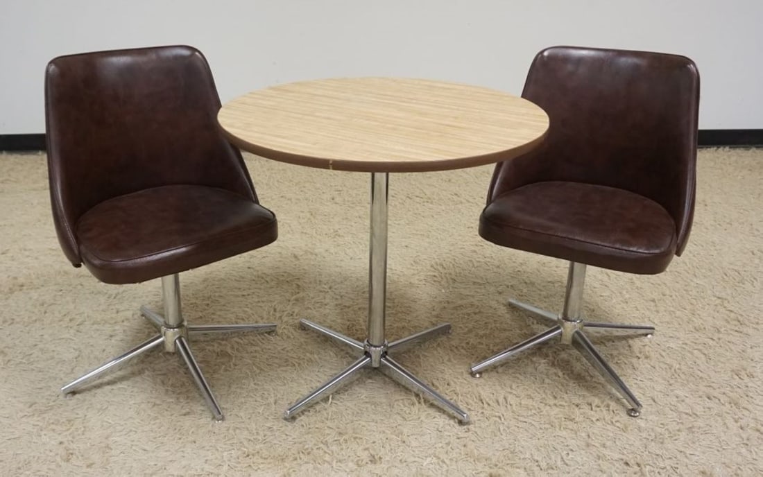 MID CENTURY CHROME BASE DINETTE SET: MID CENTURY CHROME BASE DINETTE SET, TABLE WITH 2 CHAIRS, FORMICA TOP TABLE APPROXIMATELY 30 IN X 28 IN H, 2 VINYL CHAIRS