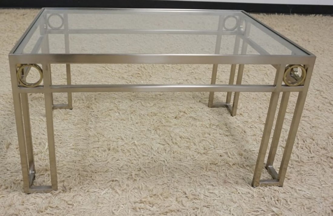 MODERN STYLE GLASS TOP LAMP TABLE: MODERN STYLE GLASS TOP LAMP TABLE ON METAL BASE, APPROXIMATELY 21 IN X 31 IN X 18 IN H