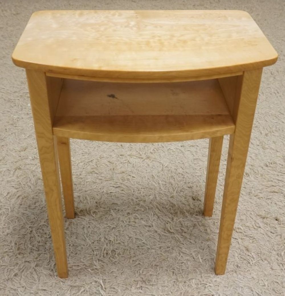 CUSTOM BENCH MADE BIRDS EYE MAPLE DEMILUNE STAND: CUSTOM BENCH MADE BIRDS EYE MAPLE AND QUILTED DEMILUNE STAND, APPROXIMATELY 20 IN X 13 IN X 26 IN H