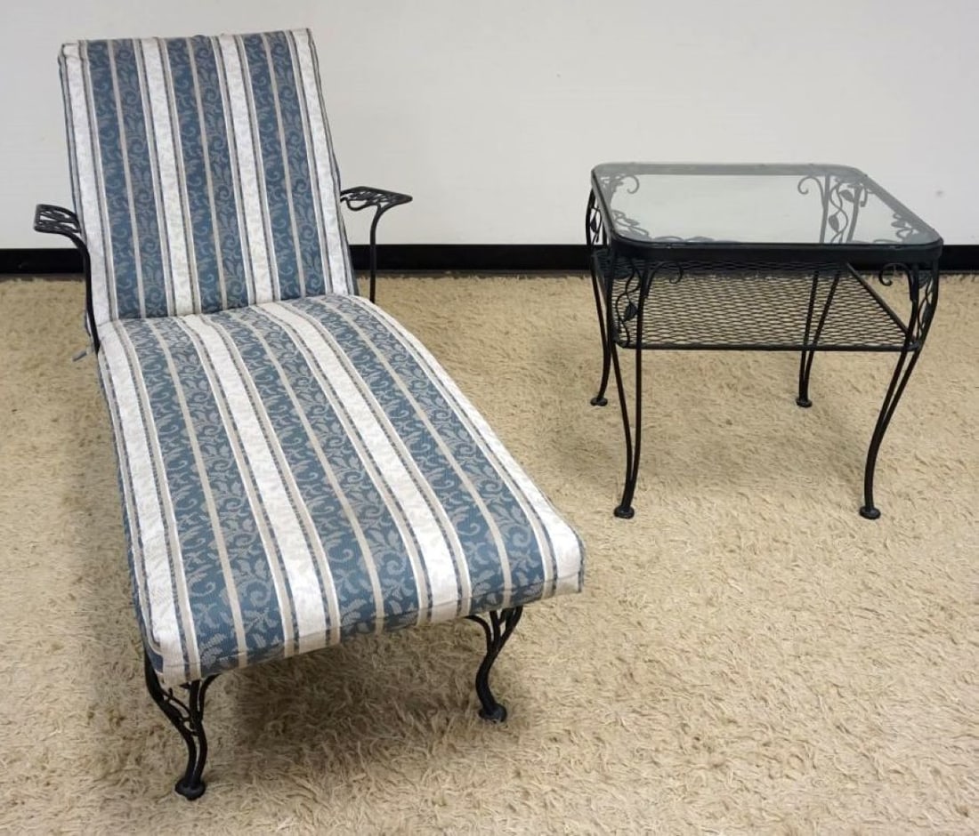 WROUGHT IRON CHAISE LOUNGE AND GLASS TOP TABLE: WROUGHT IRON CHAISE LOUNGE AND GLASS TOP TABLE