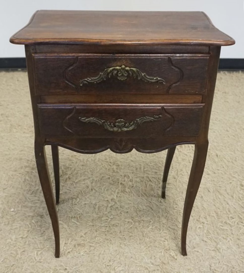 ANTIQUE FRENCH PROVINCAL STAND: ANTIQUE FRENCH PROVINCAL 2 DRAWER STAND, APPROXIMATELY 21 IN X 14 IN X 30 IN H