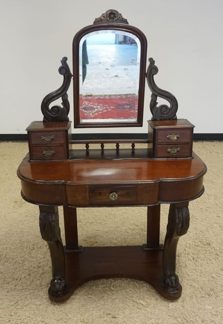 DIMINUTIVE WALNUT VICTORIAN DRESSING STAND AND MIRROR: DIMINUTIVE WALNUT VICTORIAN DRESSING STAND WITH BEVELED MIRROR, 4 DRAWERS, GALLERY TOP AND CARVED SCROLLED LEGS, APPROXIMATELY 36 IN X 18 IN X 55 IN H