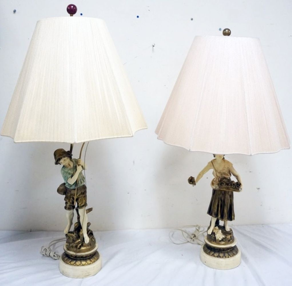 FIGURAL METAL TABLE LAMPS: PAIR OF FIGURAL METAL TABLE LAMPS, FLOWER GIRL AND BOY FISHING, APPROXIMATELY 38 IN H