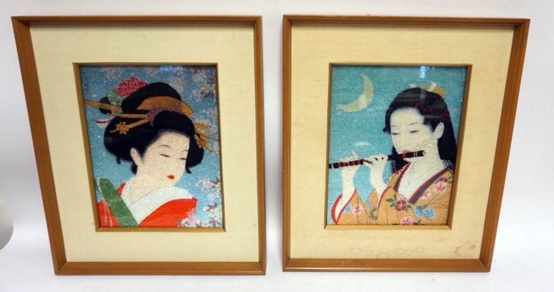 GEISHA GIRL BEADED ART: PAIR OF GEISHA GIRL BEADED ART, EACH APPROXIMATELY 16 IN X 19 IN OVERALL, 1 WITH STAINING ON MAT