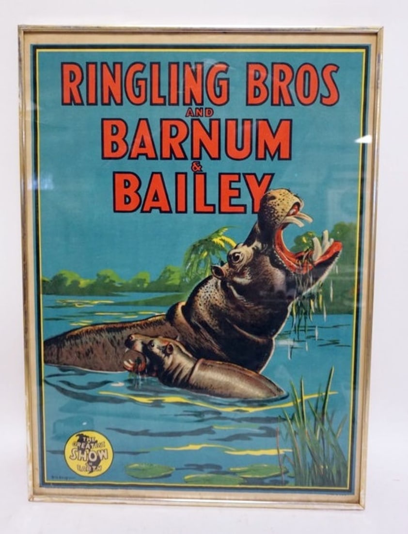 RINGLING BROS & BARNUM BAILEY CIRCUS POSTER: FRAMED RINGLING BROS & BARNUM BAILEY CIRCUS POSTER, 1945, APPROXIMATELY 21 IN X 29 IN OVERALL