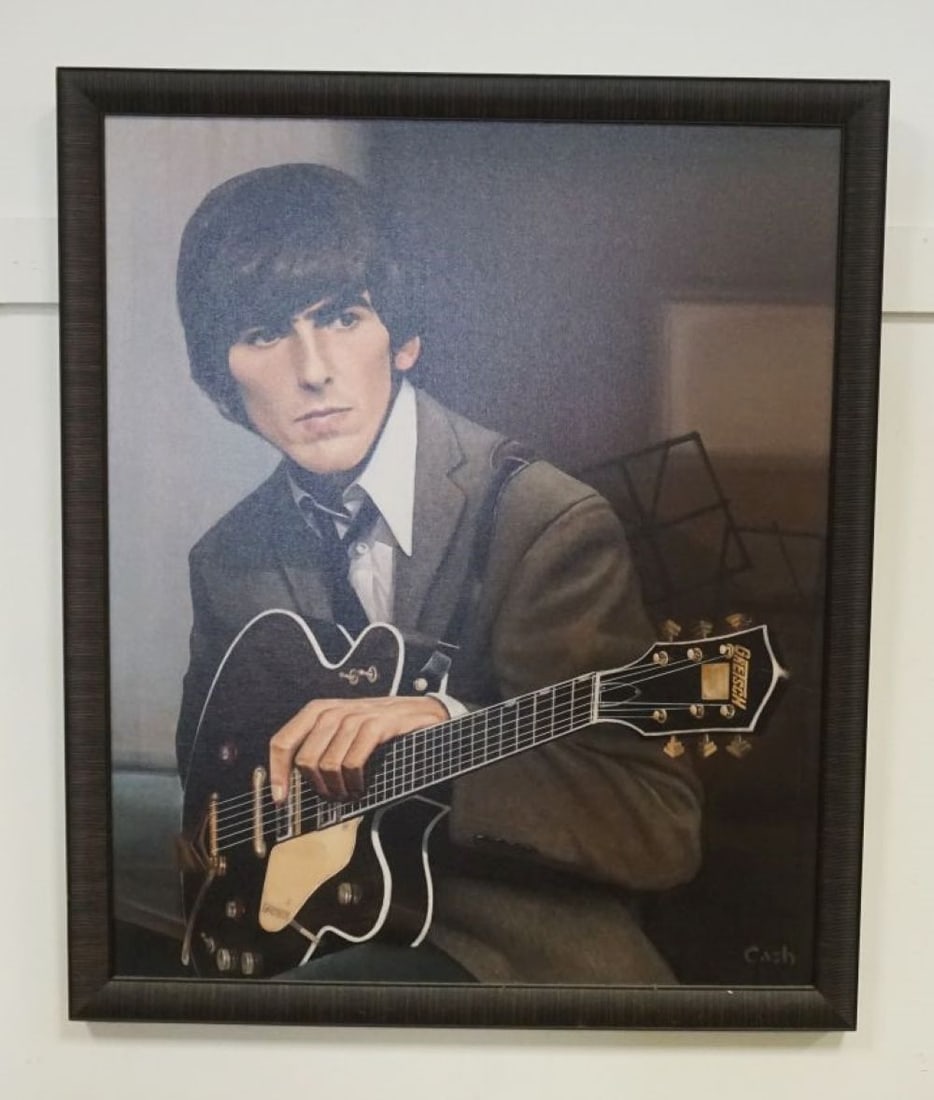 FRAMED GICLEE PRINT GEORGE HARRISON: FRAMED GICLEE PRINT GEORGE HARRISON BY ERIC CASH, #13/64, APPROXIMATELY 33 IN X 39 IN OVERALL