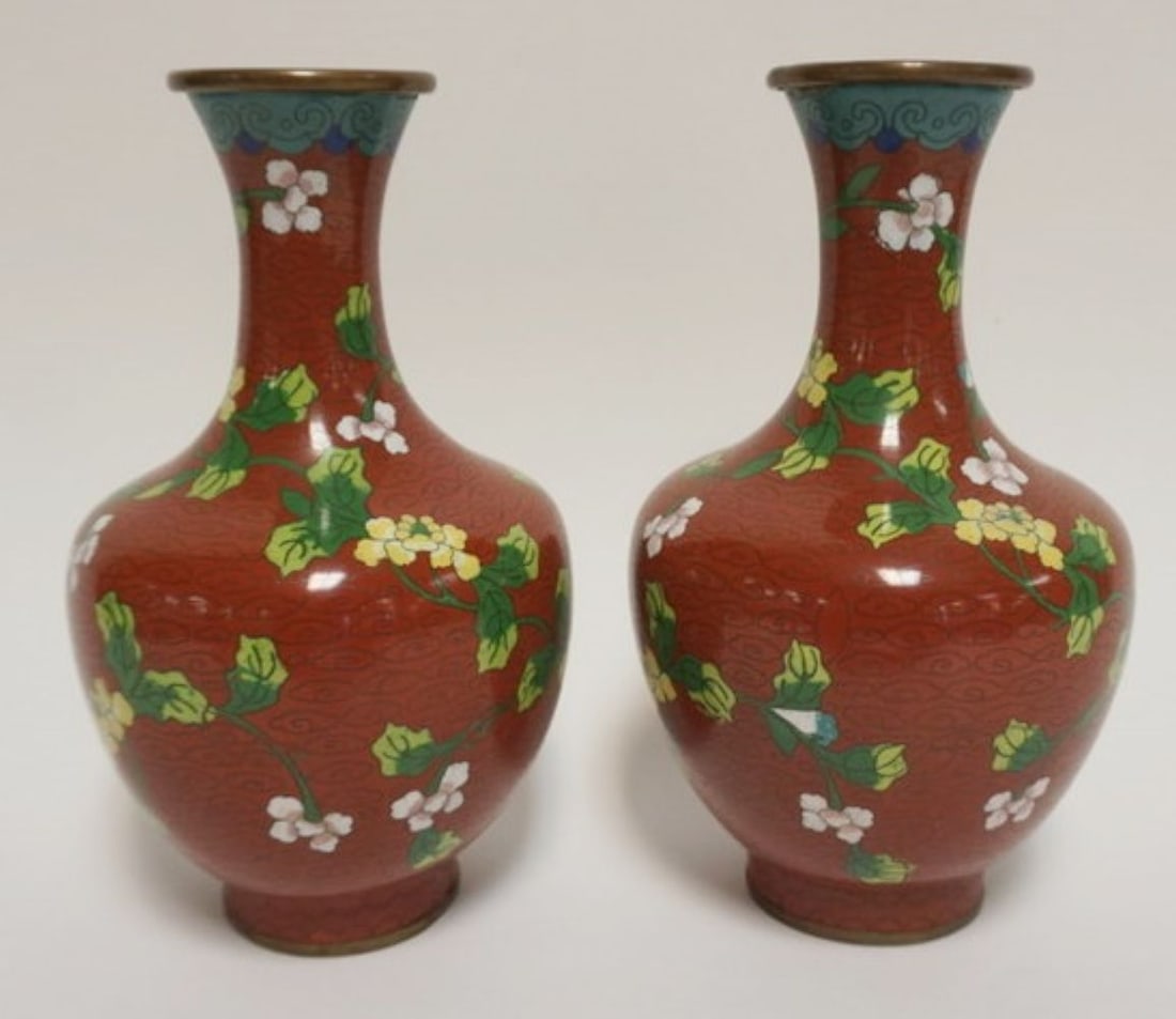 PAIR OF CLOISONNE ENAMELED VASES (1 of 5)