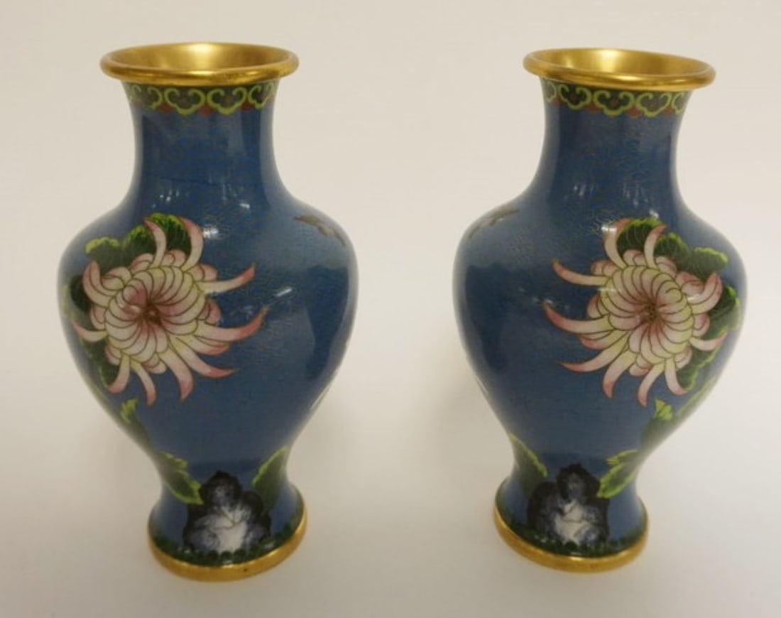 PAIR OF CLOISONNE ENAMELED VASES (1 of 5)