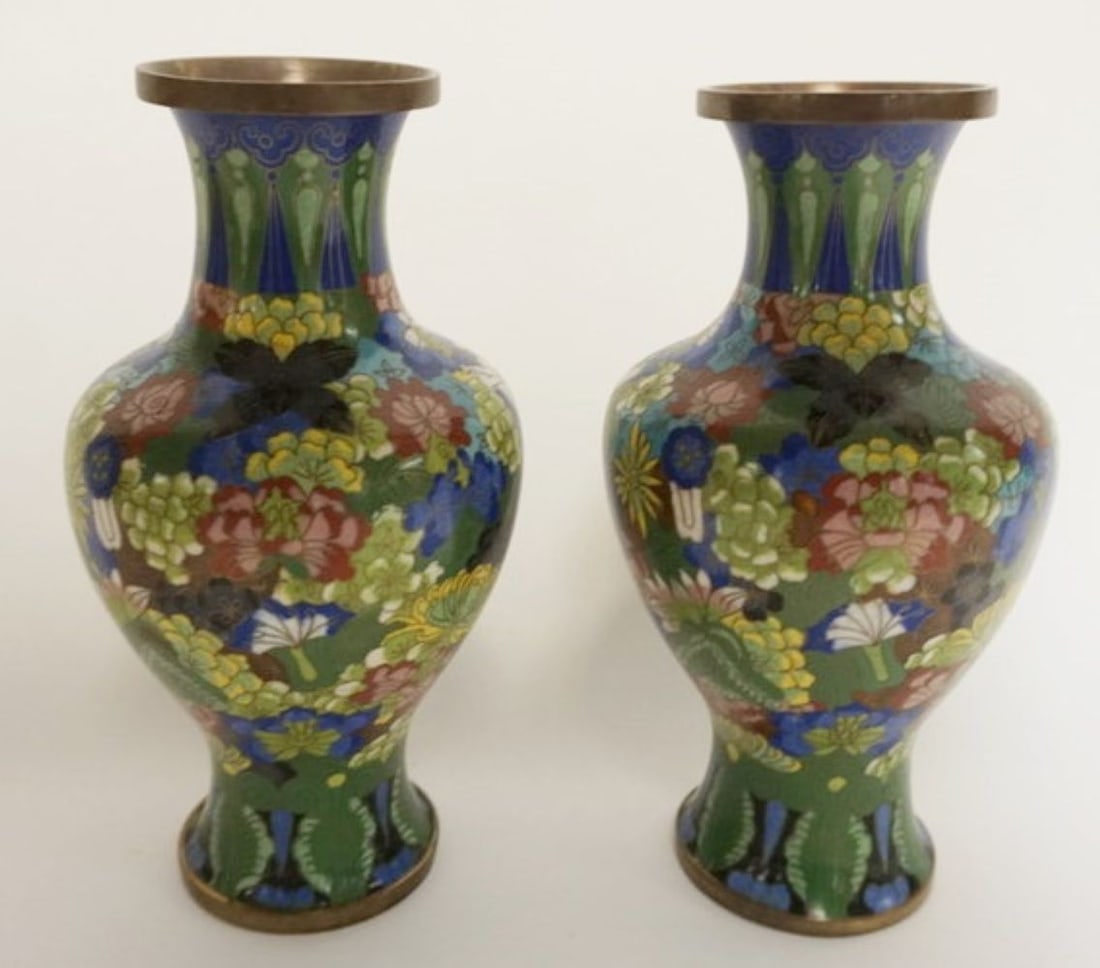 PAIR OF CLOISONNE ENAMELED VASES (1 of 5)