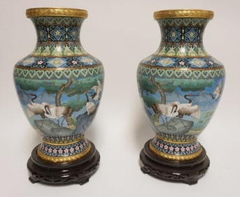 PAIR OF CLOISONNE ENAMELED VASES