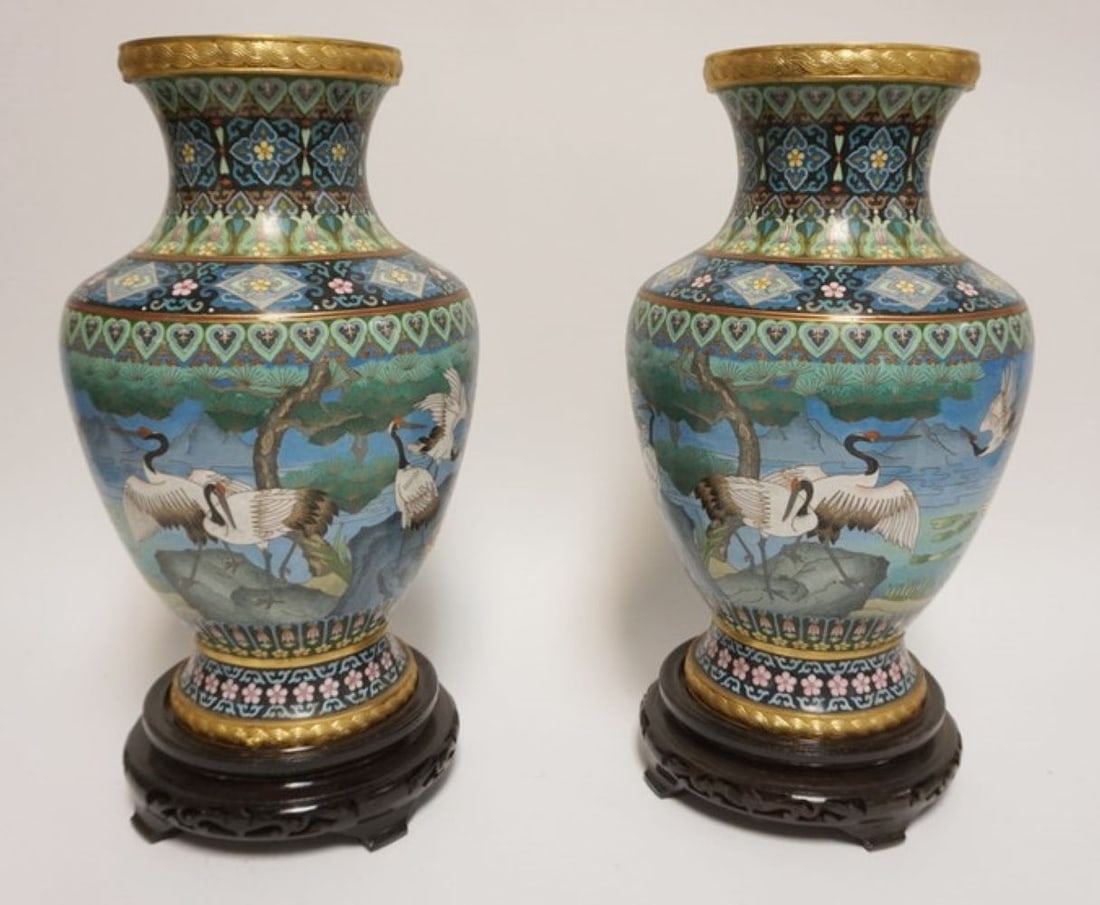 PAIR OF CLOISONNE ENAMELED VASES (1 of 10)