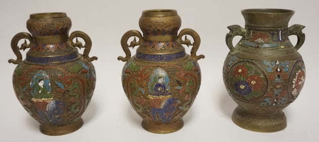 3 ASIAN BRONZE ENAMELED VASES